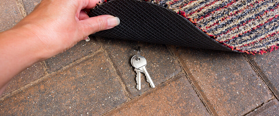 Woman putting house keys under dootmat